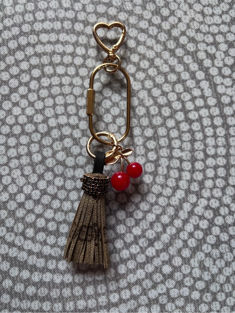 Upcycled Gucci Canvas Tassel Gold Keychain with Red Accents